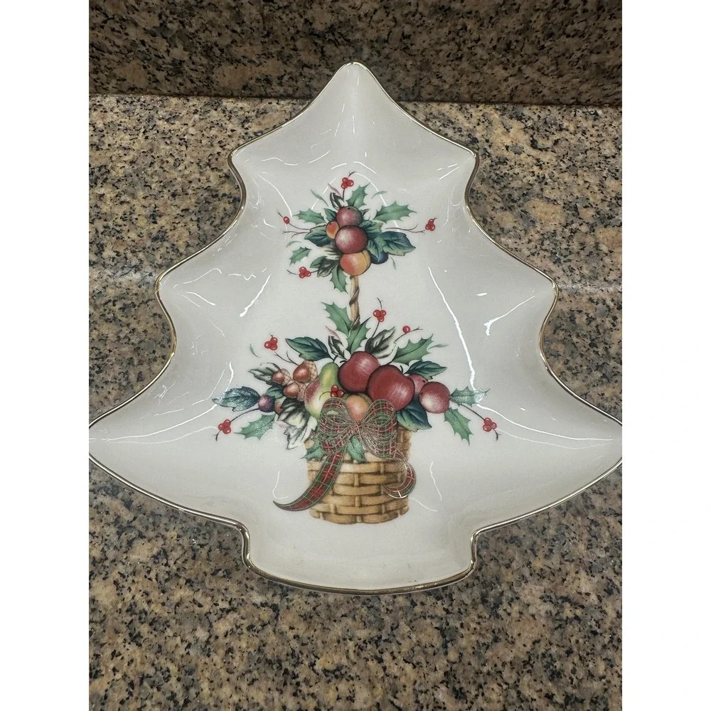 Lenox‎ Holiday Tartan Tree Candy Dish Christmas Serving Plate Bowl Gold Rim